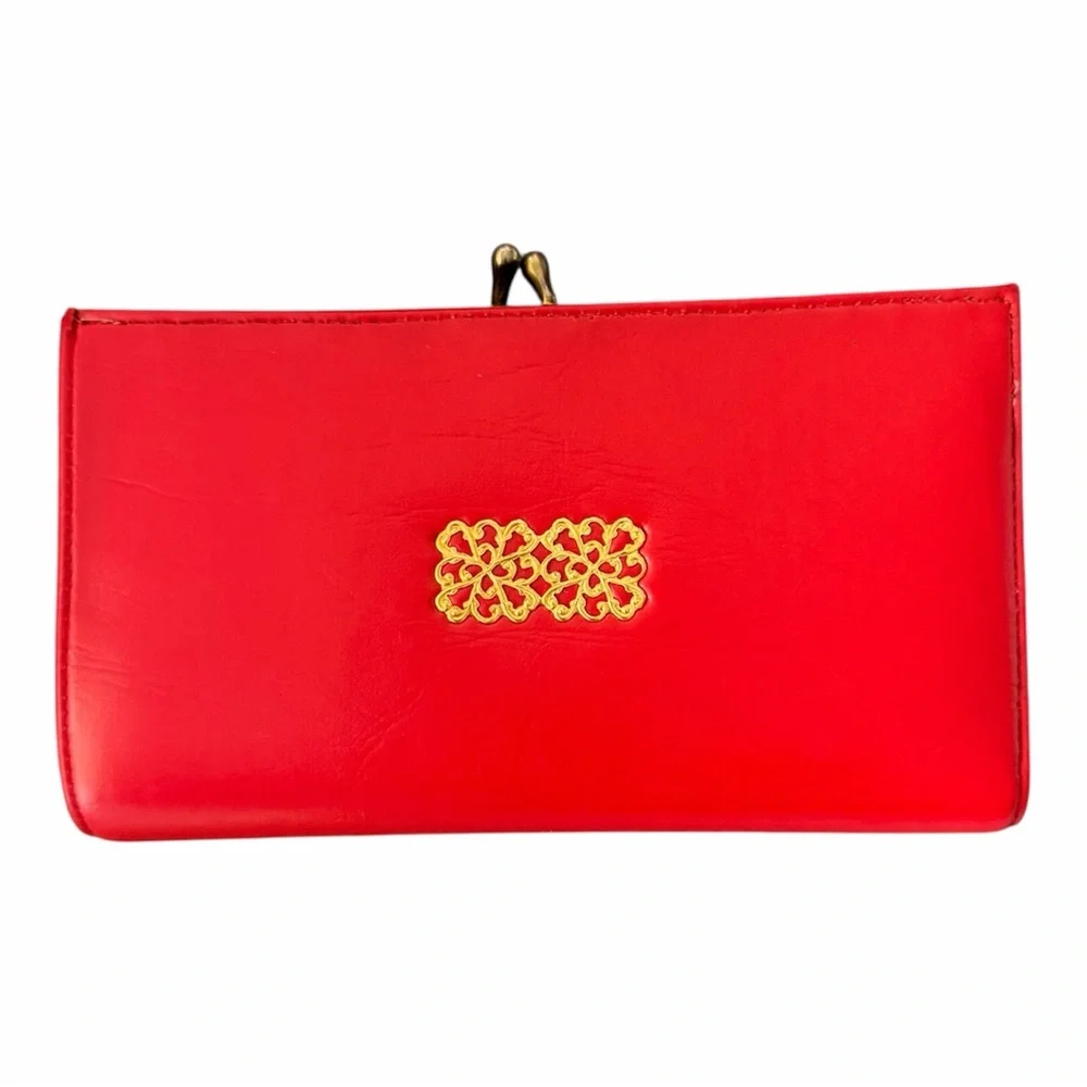 Vintage Red Vegan Leather French Kiss Lock Wallet Made in Jamaica Gold Hardware